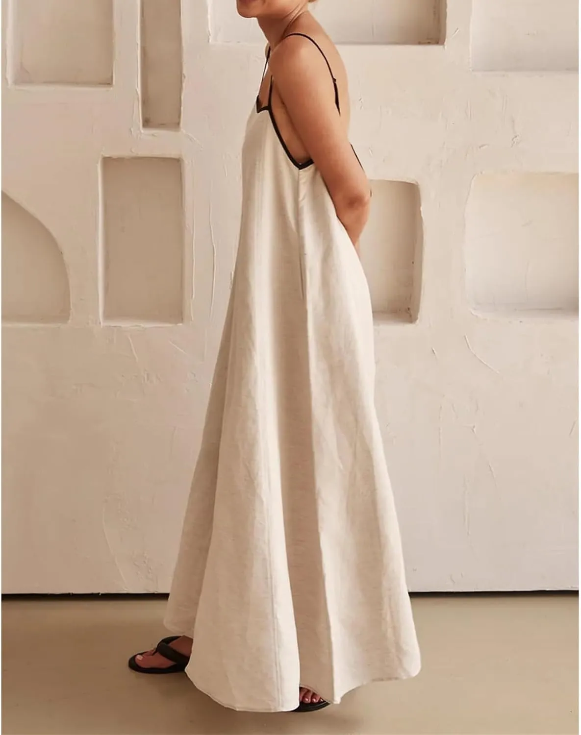 Womens Linen Maxi Dress Spaghetti Straps Backless Sleeveless Sundress Summer Flowy Dresses Beach Vacation Dress