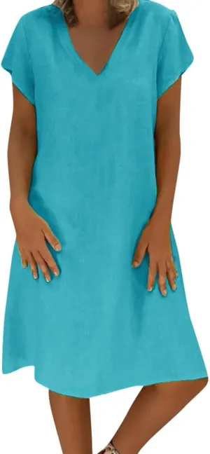 Womens Linen Shirt Dresses Casual Short Sleeve Summer Midi Dress Plus Size V Neck Sundress Beach Vacation Outfits