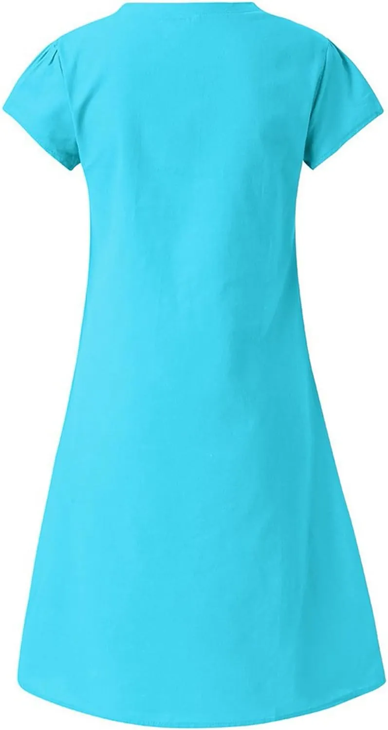 Womens Linen Shirt Dresses Casual Short Sleeve Summer Midi Dress Plus Size V Neck Sundress Beach Vacation Outfits