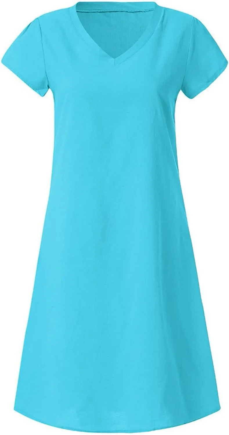 Womens Linen Shirt Dresses Casual Short Sleeve Summer Midi Dress Plus Size V Neck Sundress Beach Vacation Outfits