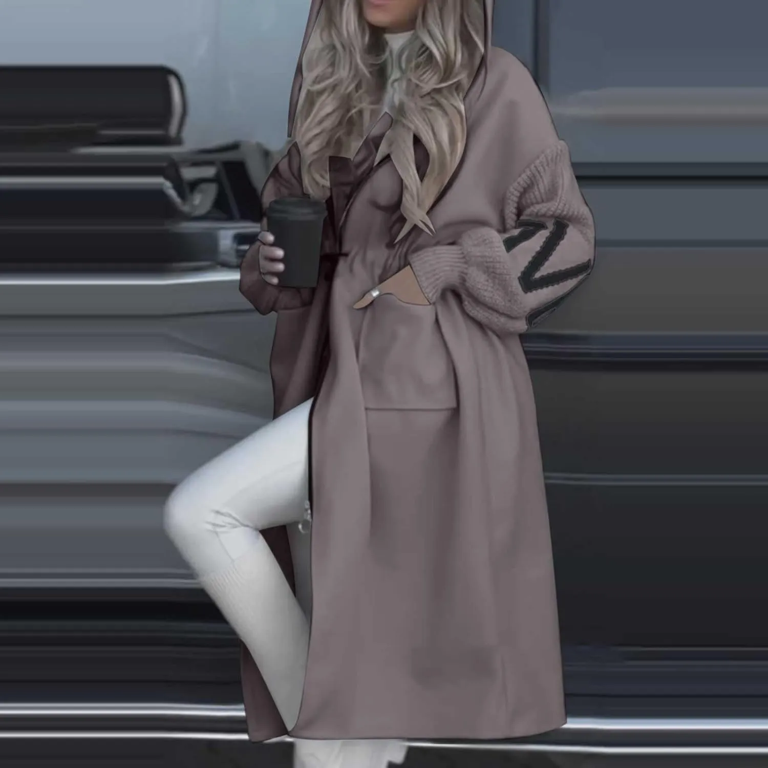 Womens Long Hoodie Coat Knee Length Oversized Zip Up Sweatshirt Jackets Winter Waist Drawstring Fleece Hooded Coat