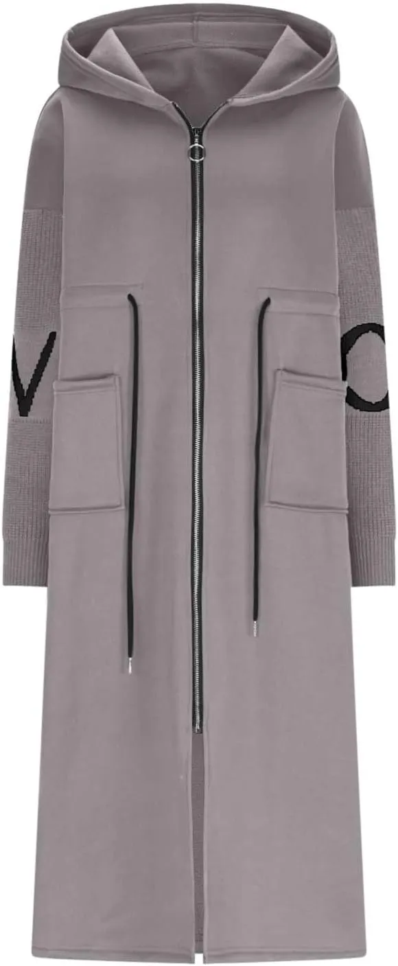 Womens Long Hoodie Coat Knee Length Oversized Zip Up Sweatshirt Jackets Winter Waist Drawstring Fleece Hooded Coat