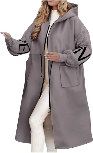 Womens Long Hoodie Coat Knee Length Oversized Zip Up Sweatshirt Jackets Winter Waist Drawstring Fleece Hooded Coat