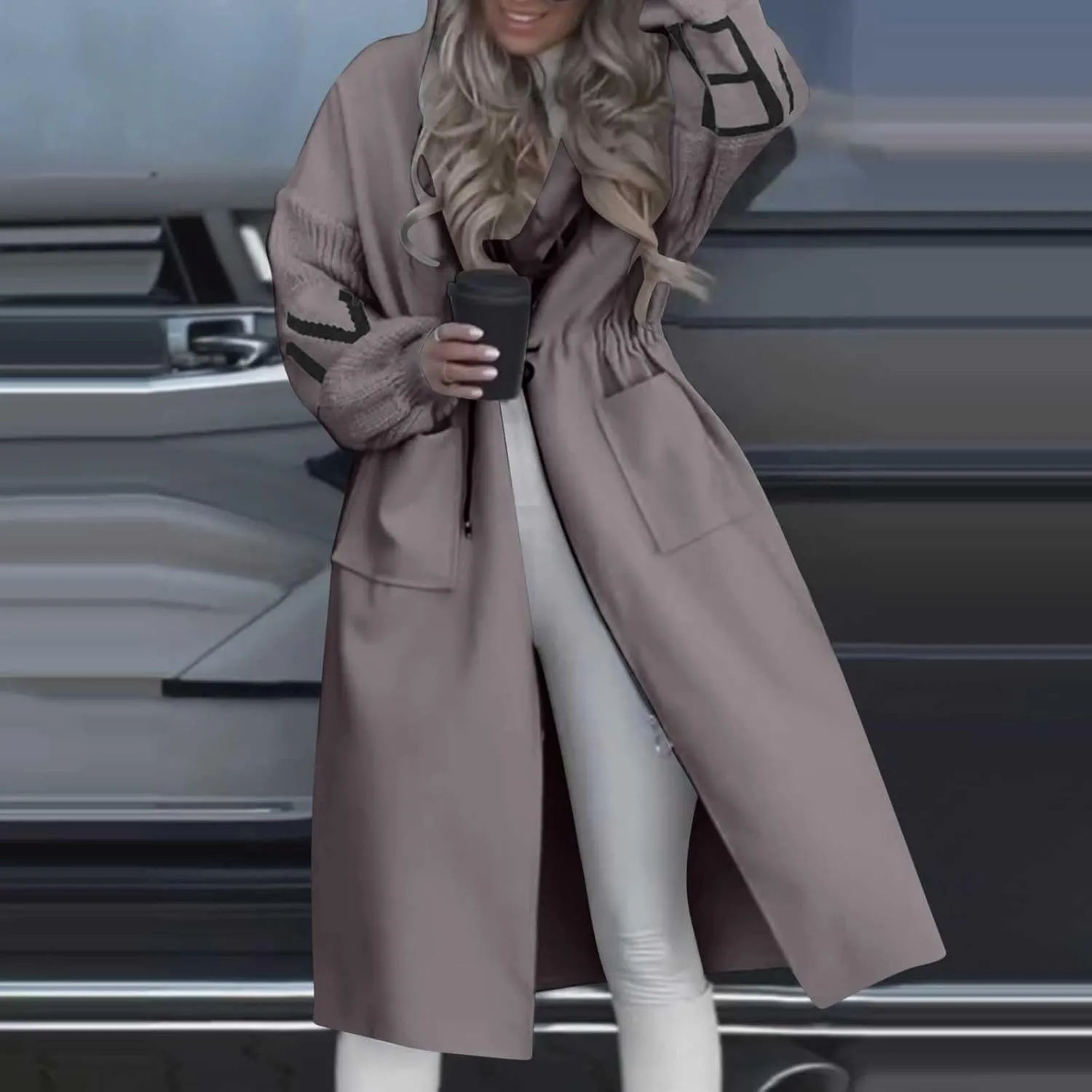Womens Long Hoodie Coat Knee Length Oversized Zip Up Sweatshirt Jackets Winter Waist Drawstring Fleece Hooded Coat