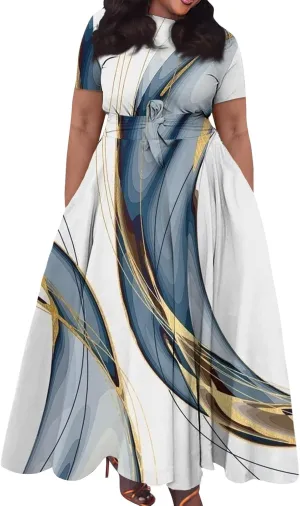 Women's Maxi Dresses Summer Casual Loose Trendy Short Sleeve Floral Print Solid Flowy Dress 2025 Plus Size, XL-5XL
