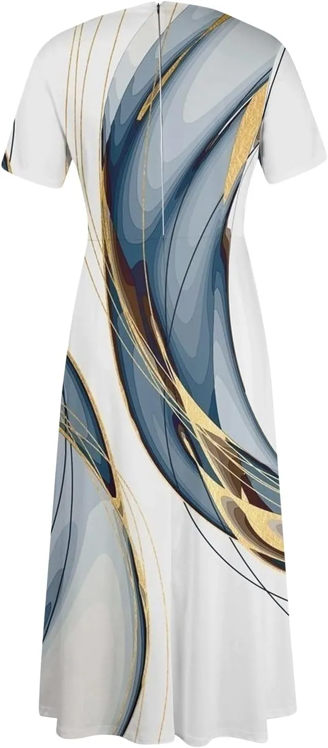 Women's Maxi Dresses Summer Casual Loose Trendy Short Sleeve Floral Print Solid Flowy Dress 2025 Plus Size, XL-5XL