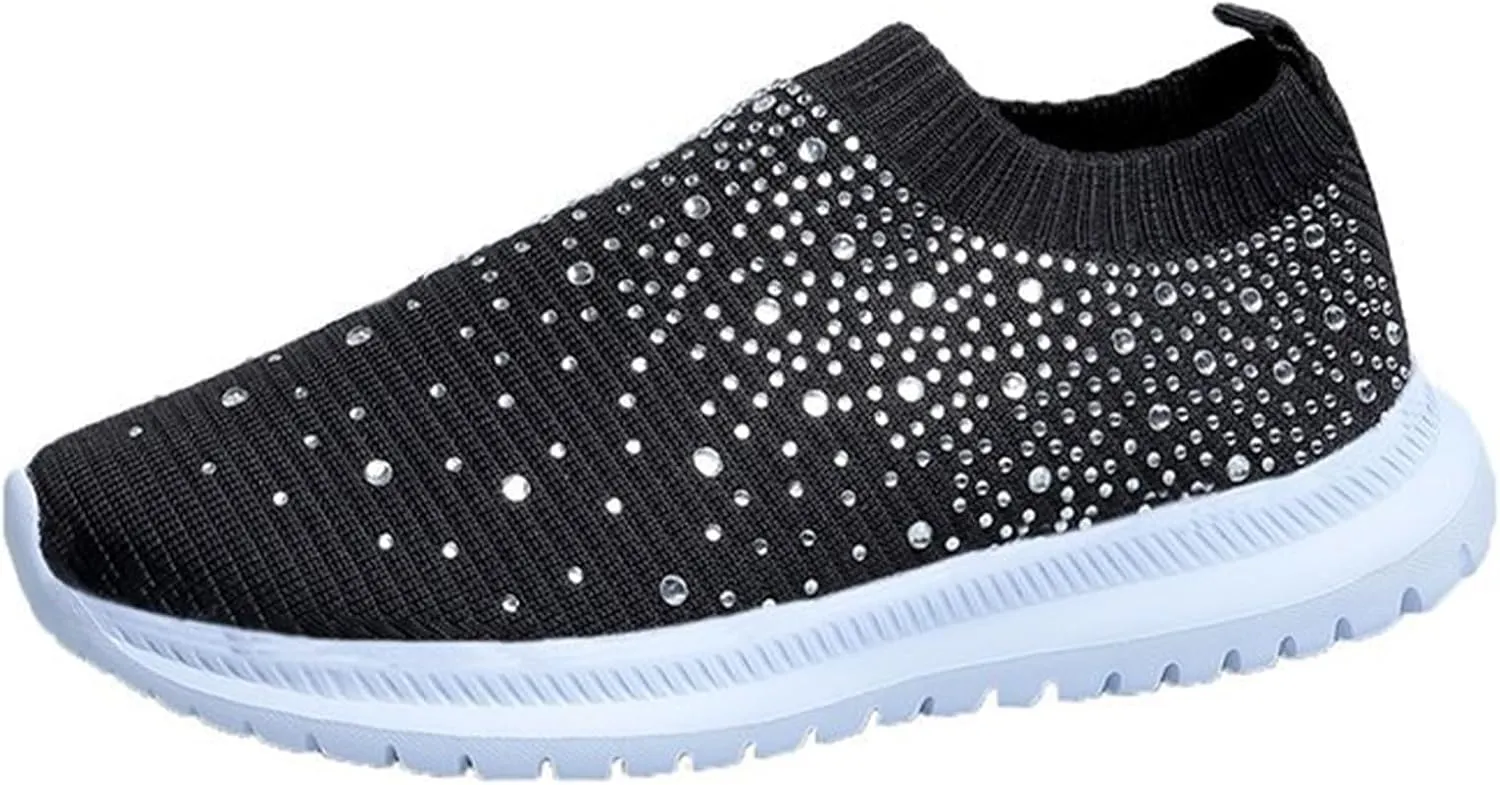 Women's Mesh Walking Shoes, Rhinestone Glitter Breathable Slip-on Loafers Non-Slip Orthopedic Sneaker (Black,6)