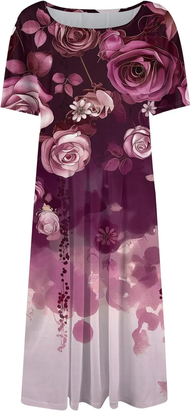 Women's Midi Dresses Summer Casual Loose Trendy Short Sleeve Crew Neck Floral Print Boho Dress 2025 Plus Size, S-3XL