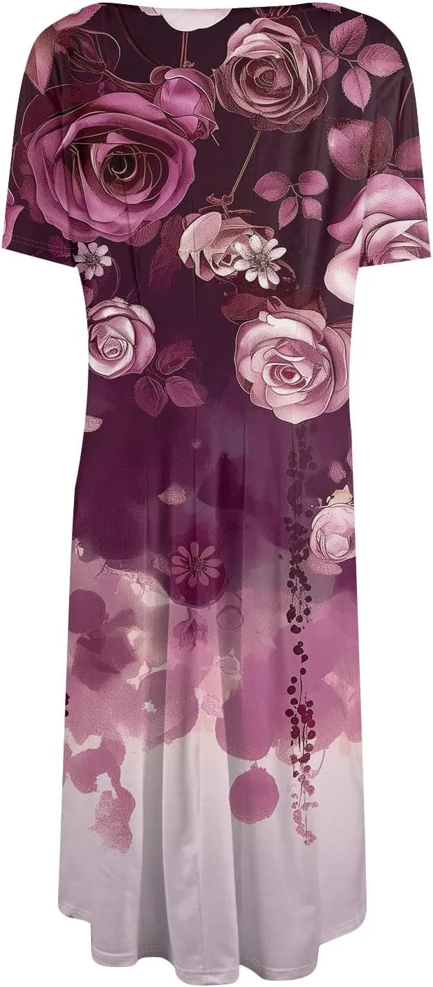 Women's Midi Dresses Summer Casual Loose Trendy Short Sleeve Crew Neck Floral Print Boho Dress 2025 Plus Size, S-3XL