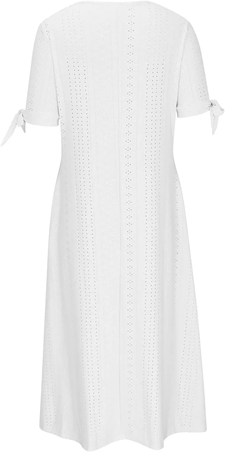 Womens Midi Dresses Summer Plus Size Fashion Hollow Out Breathable Short Sleeves V-Neck Loose Comfy Beach Sundress