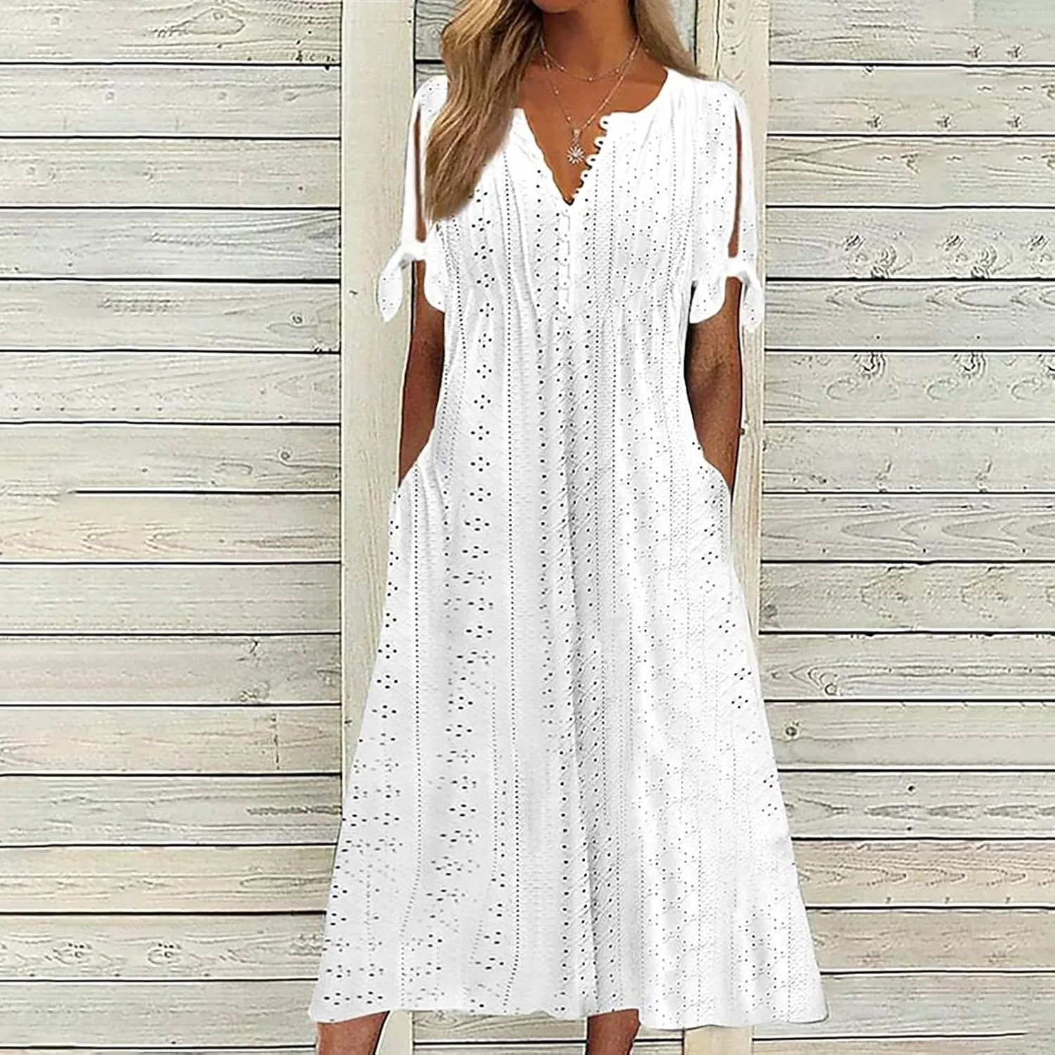 Womens Midi Dresses Summer Plus Size Fashion Hollow Out Breathable Short Sleeves V-Neck Loose Comfy Beach Sundress