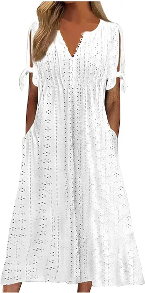 Womens Midi Dresses Summer Plus Size Fashion Hollow Out Breathable Short Sleeves V-Neck Loose Comfy Beach Sundress