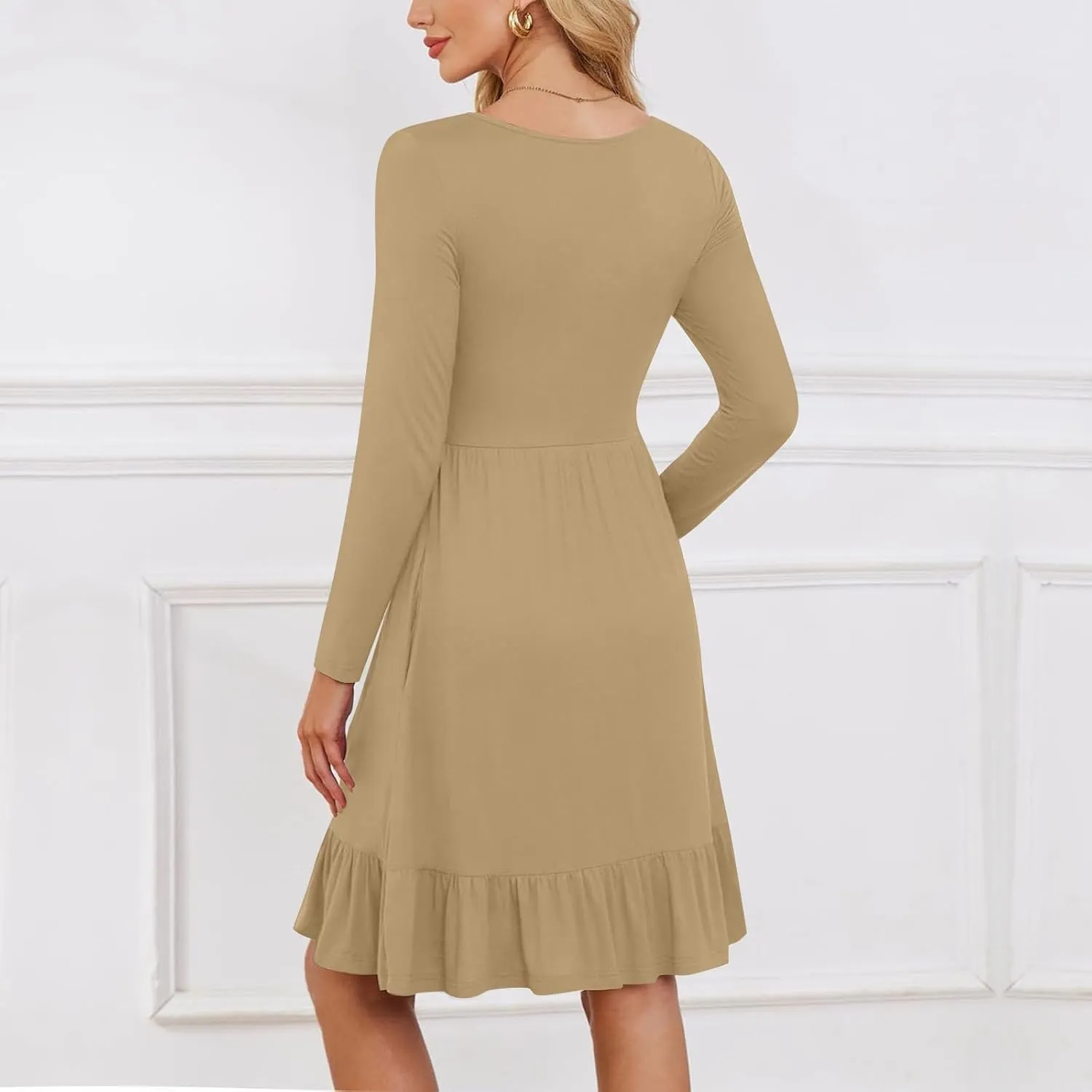 Womens Midi Dresses Trendy Long Sleeve A Line Dress Casual Plus Size Flowy Formal Elegant Floral Knee Length Dress
