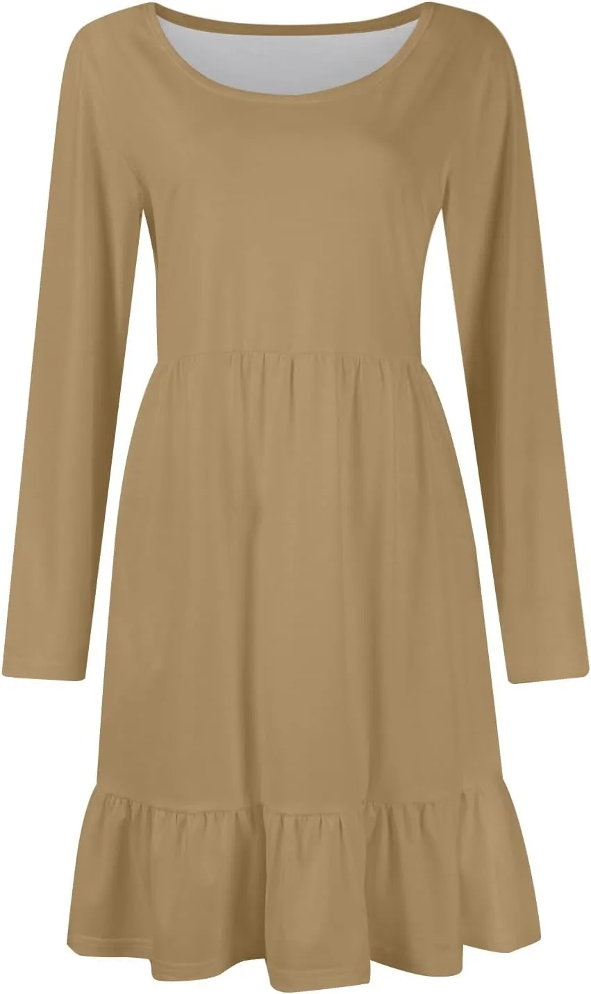 Womens Midi Dresses Trendy Long Sleeve A Line Dress Casual Plus Size Flowy Formal Elegant Floral Knee Length Dress
