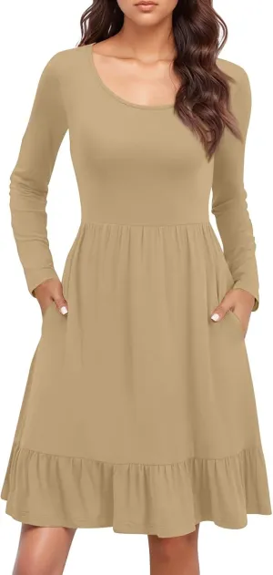 Womens Midi Dresses Trendy Long Sleeve A Line Dress Casual Plus Size Flowy Formal Elegant Floral Knee Length Dress