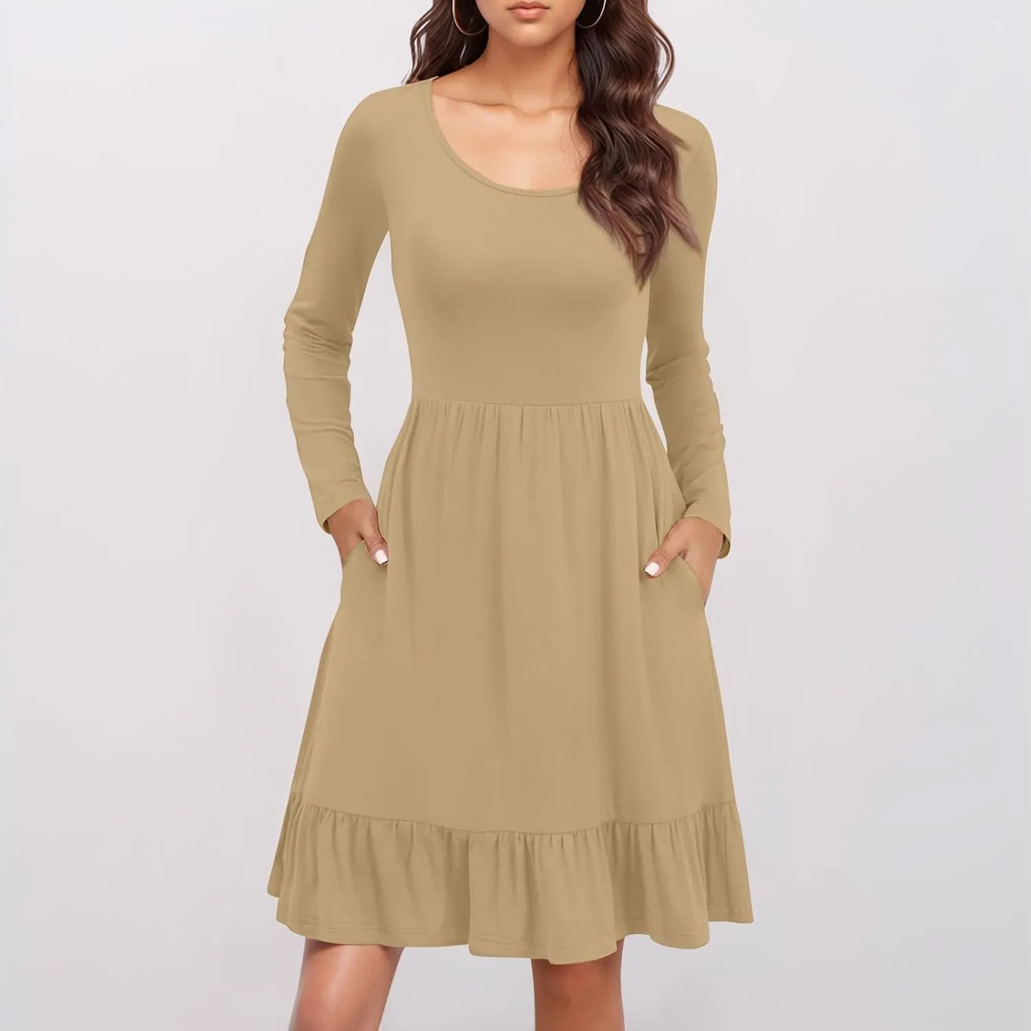 Womens Midi Dresses Trendy Long Sleeve A Line Dress Casual Plus Size Flowy Formal Elegant Floral Knee Length Dress