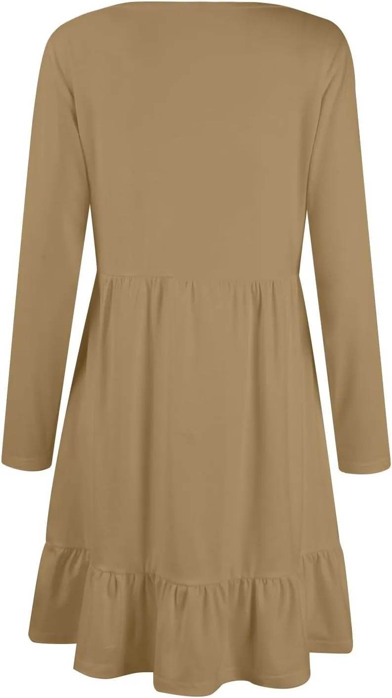 Womens Midi Dresses Trendy Long Sleeve A Line Dress Casual Plus Size Flowy Formal Elegant Floral Knee Length Dress