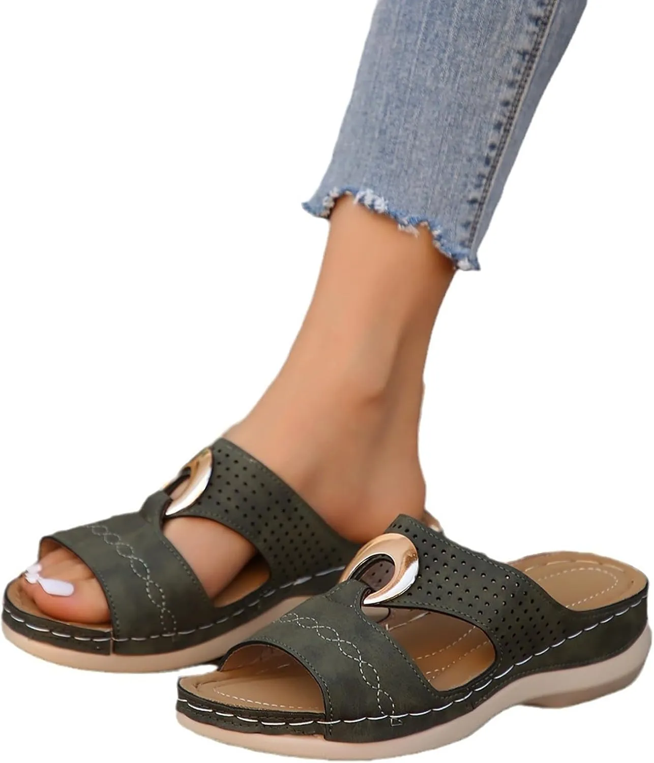 Women's Orthopedic Sandals Summer Slip On Wedge Sandals with Arch Support Open Toe Cutout Beach Shoes Leather Flat Slides