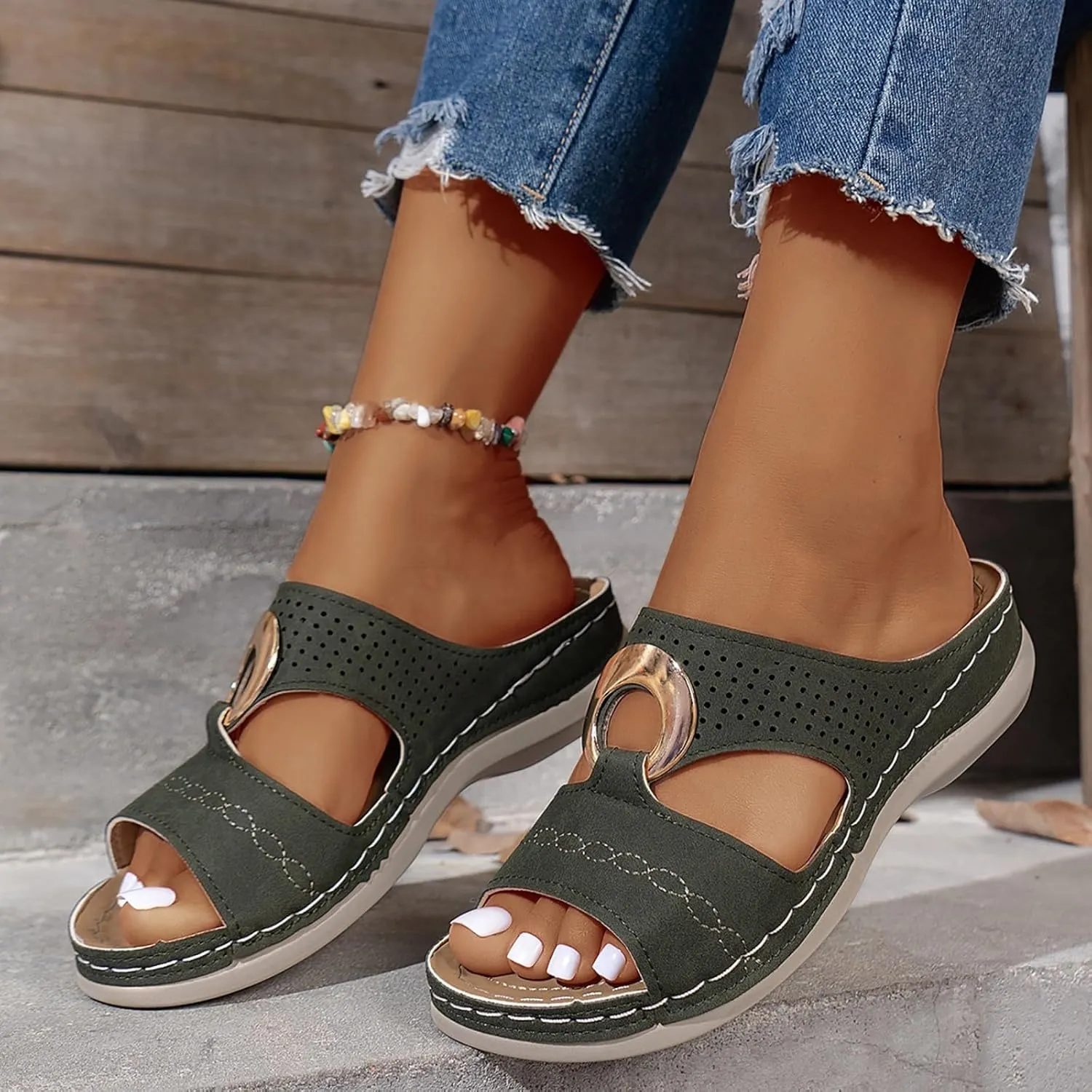 Women's Orthopedic Sandals Summer Slip On Wedge Sandals with Arch Support Open Toe Cutout Beach Shoes Leather Flat Slides