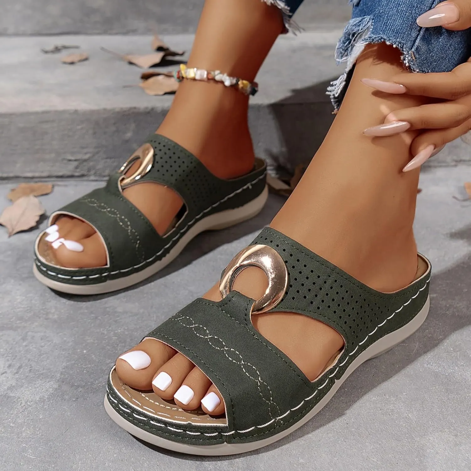 Women's Orthopedic Sandals Summer Slip On Wedge Sandals with Arch Support Open Toe Cutout Beach Shoes Leather Flat Slides