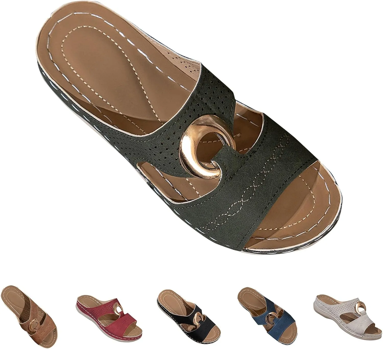 Women's Orthopedic Sandals Summer Slip On Wedge Sandals with Arch Support Open Toe Cutout Beach Shoes Leather Flat Slides