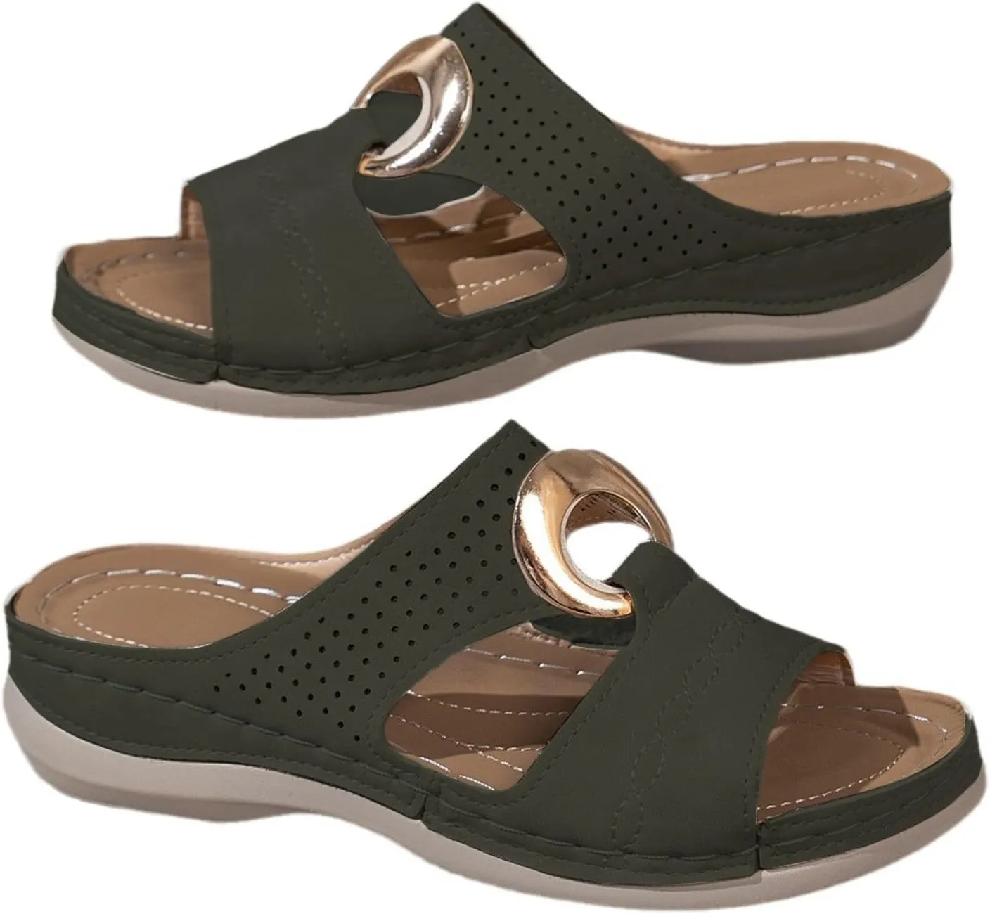 Women's Orthopedic Sandals Summer Slip On Wedge Sandals with Arch Support Open Toe Cutout Beach Shoes Leather Flat Slides
