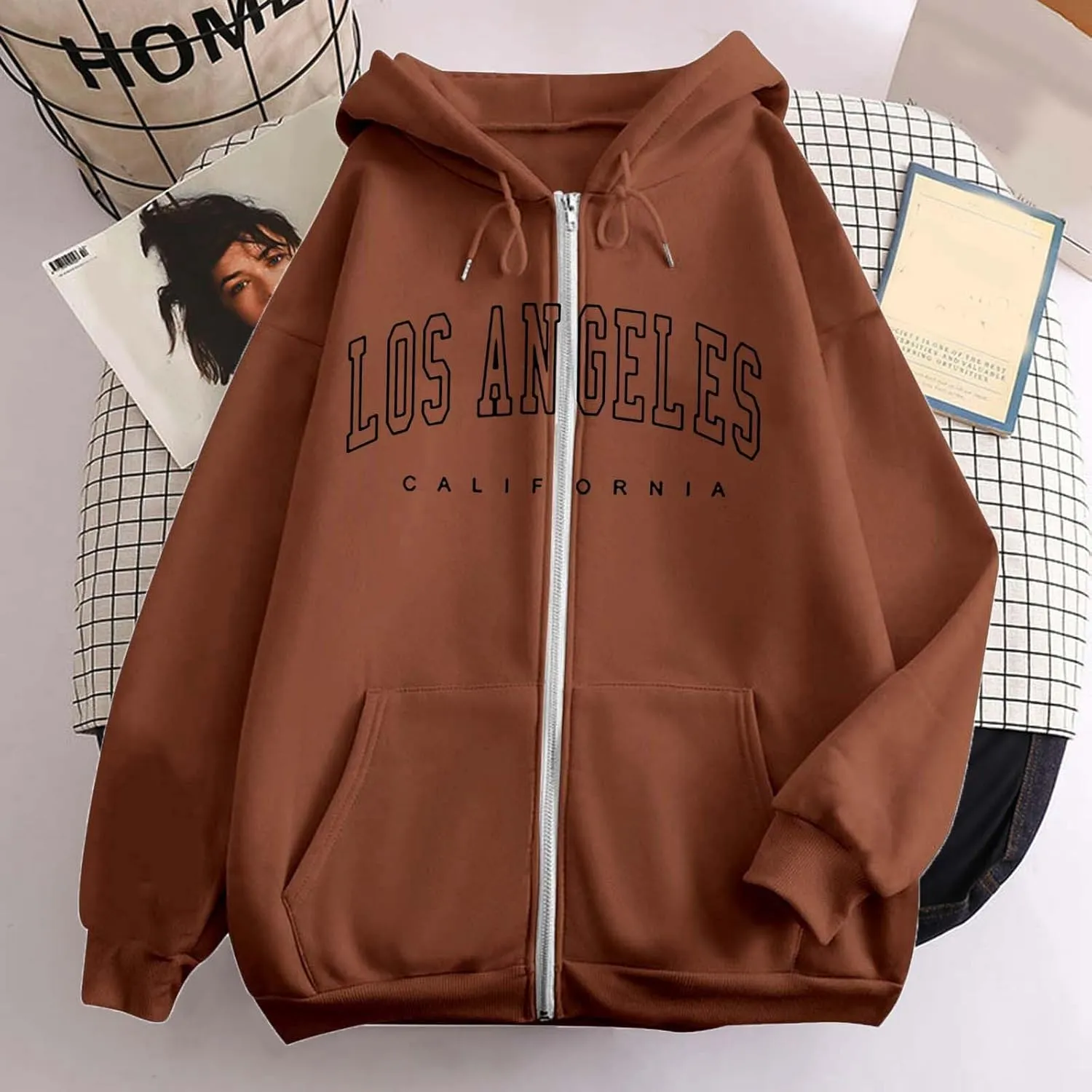 Women's Oversized Hoodies Zip up LOS ANGELES Printed Preppy Pullover Y2K Fleece Jackets 2024 Fall Outwear