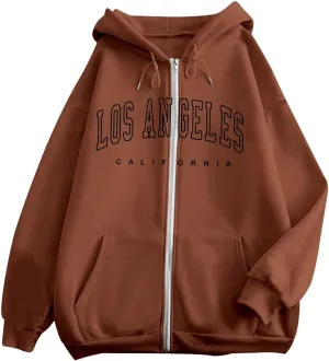 Women's Oversized Hoodies Zip up LOS ANGELES Printed Preppy Pullover Y2K Fleece Jackets 2024 Fall Outwear