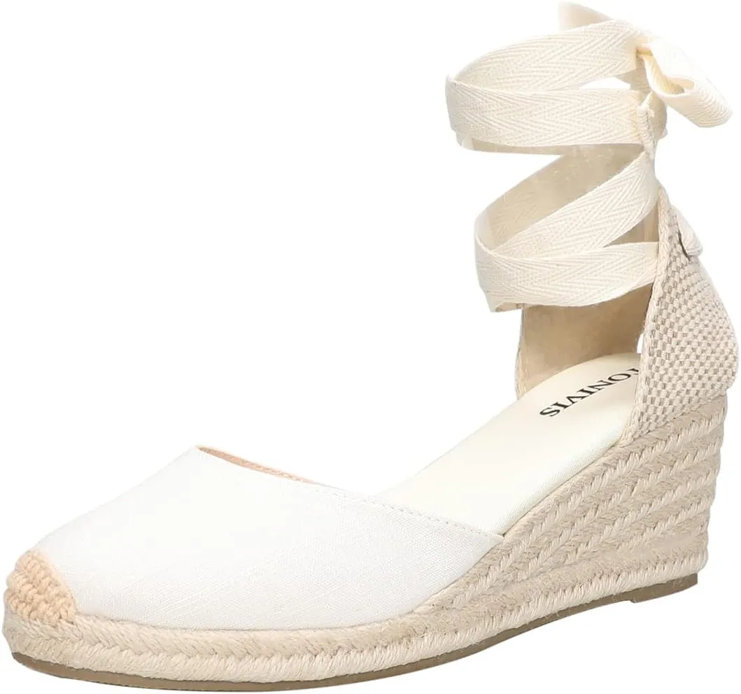 Women??s Platform Wedges Espadrilles, 3" Wedge, Soft Ankle-Tie Strap, Closed Toe, Classic Summer Sandals