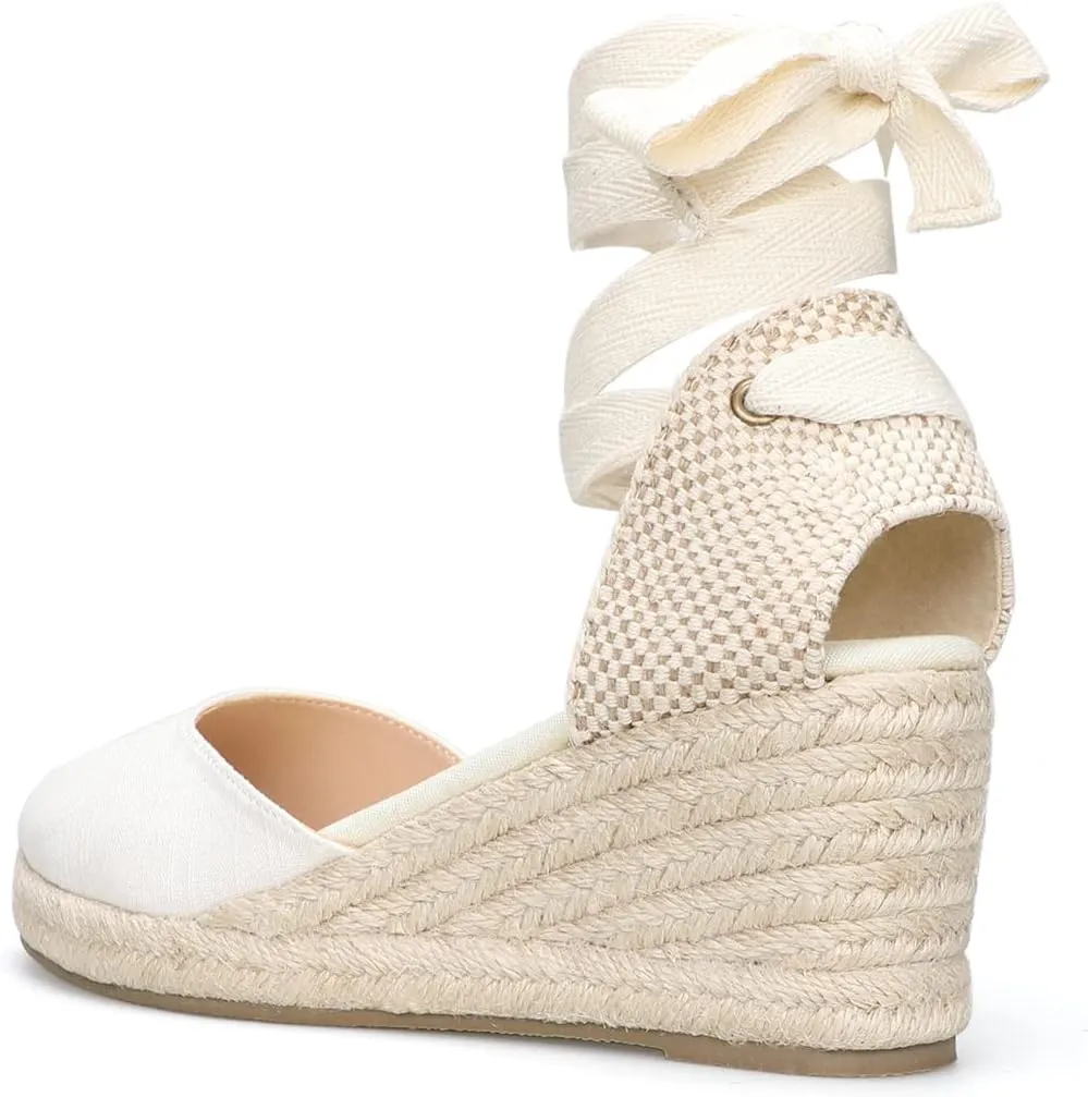 Women??s Platform Wedges Espadrilles, 3" Wedge, Soft Ankle-Tie Strap, Closed Toe, Classic Summer Sandals