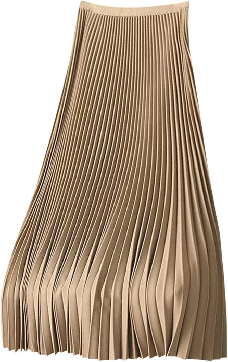 Women's Pleated Midi Skirts Elegant Flowy Skirts Elastic Waist Long Work Skirts A Line Wedding Guest Skirts