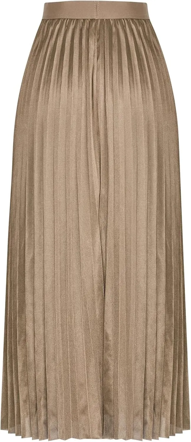 Women's Pleated Midi Skirts Elegant Flowy Skirts Elastic Waist Long Work Skirts A Line Wedding Guest Skirts