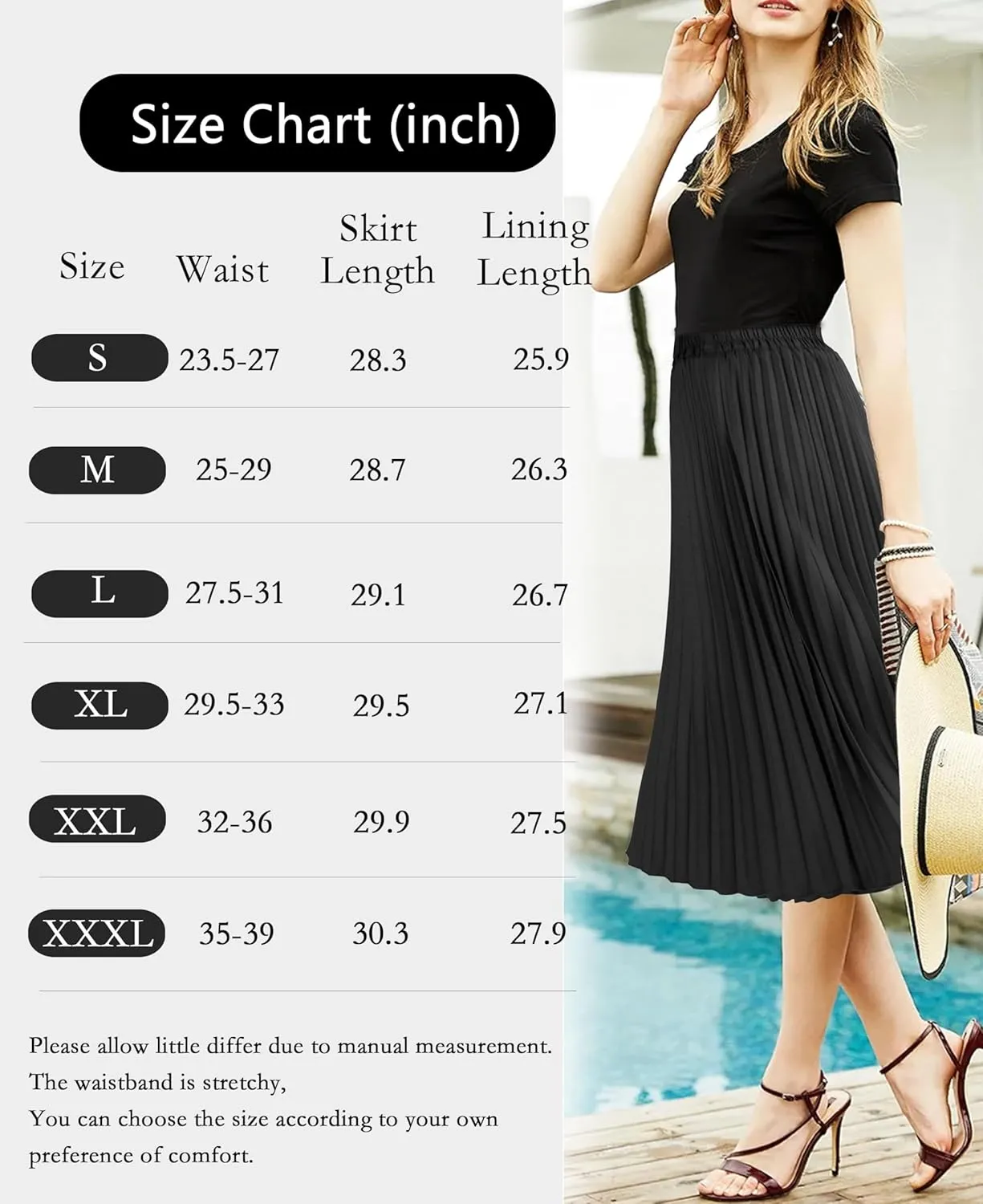 Women's Pleated Skirts High Elastic Waist A-Line Swing Skirt Midi Length