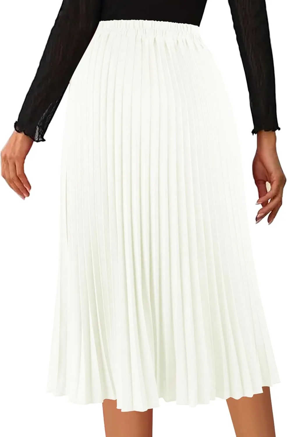 Women's Pleated Skirts High Elastic Waist A-Line Swing Skirt Midi Length