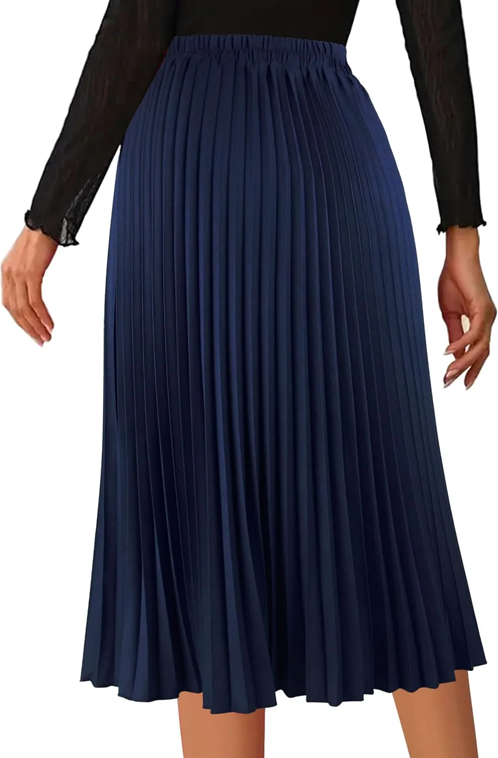 Women's Pleated Skirts High Elastic Waist A-Line Swing Skirt Midi Length