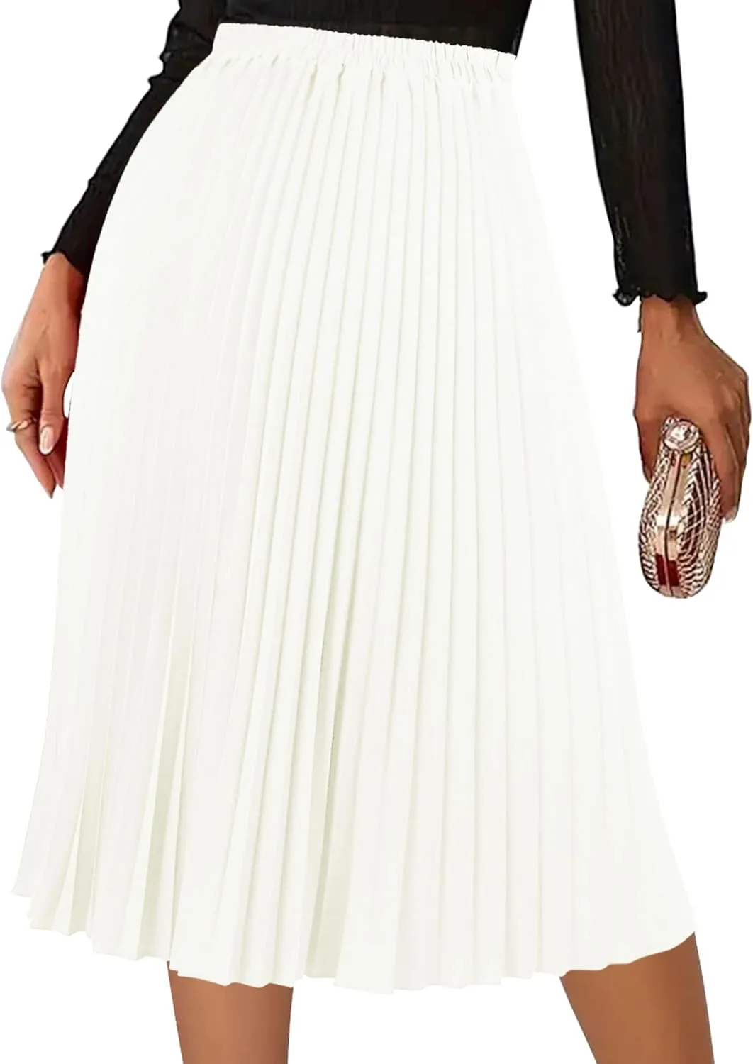 Women's Pleated Skirts High Elastic Waist A-Line Swing Skirt Midi Length