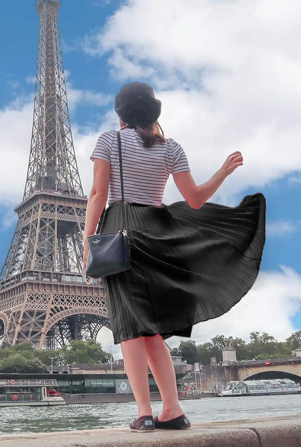 Women's Pleated Skirts High Elastic Waist A-Line Swing Skirt Midi Length
