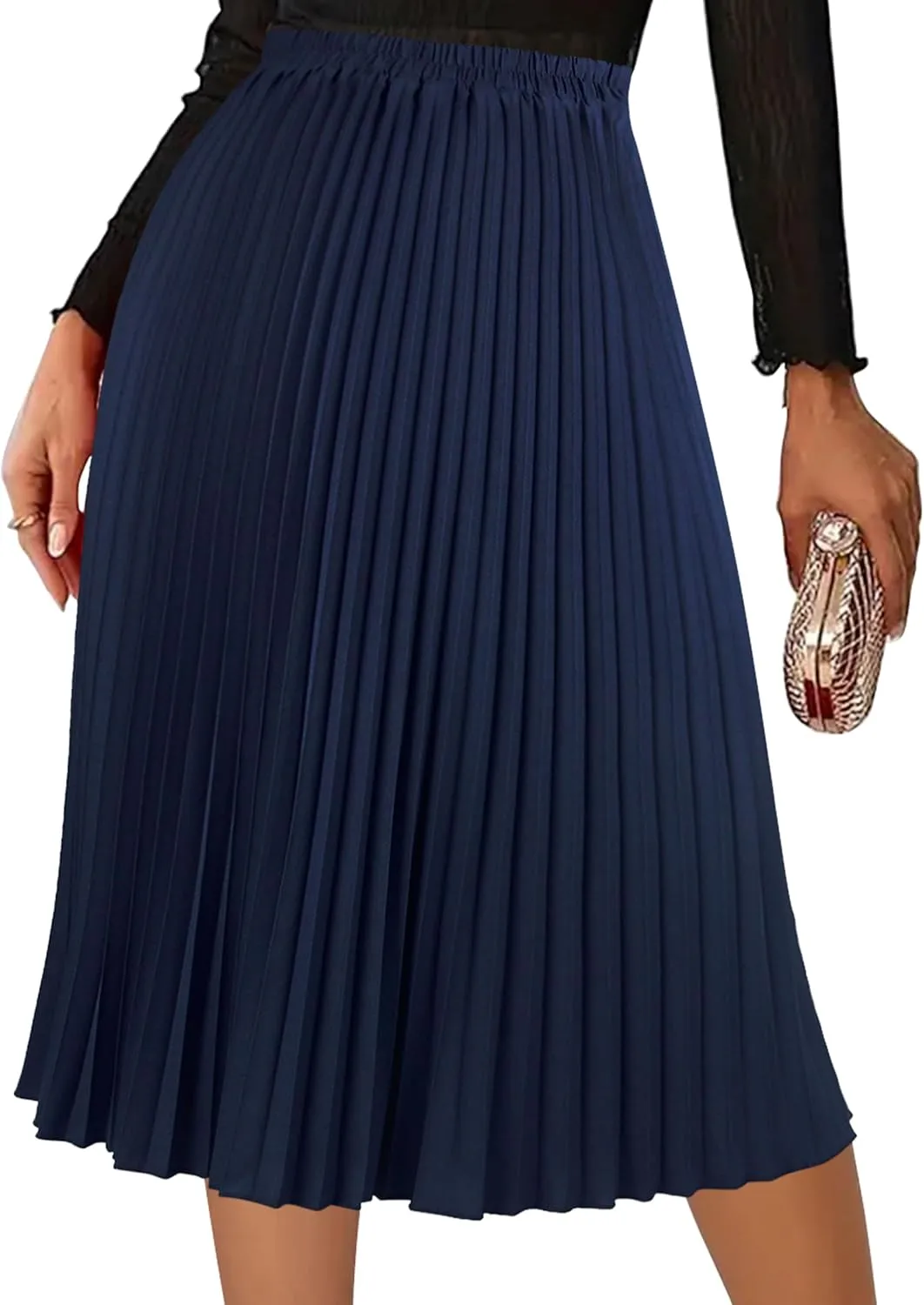 Women's Pleated Skirts High Elastic Waist A-Line Swing Skirt Midi Length