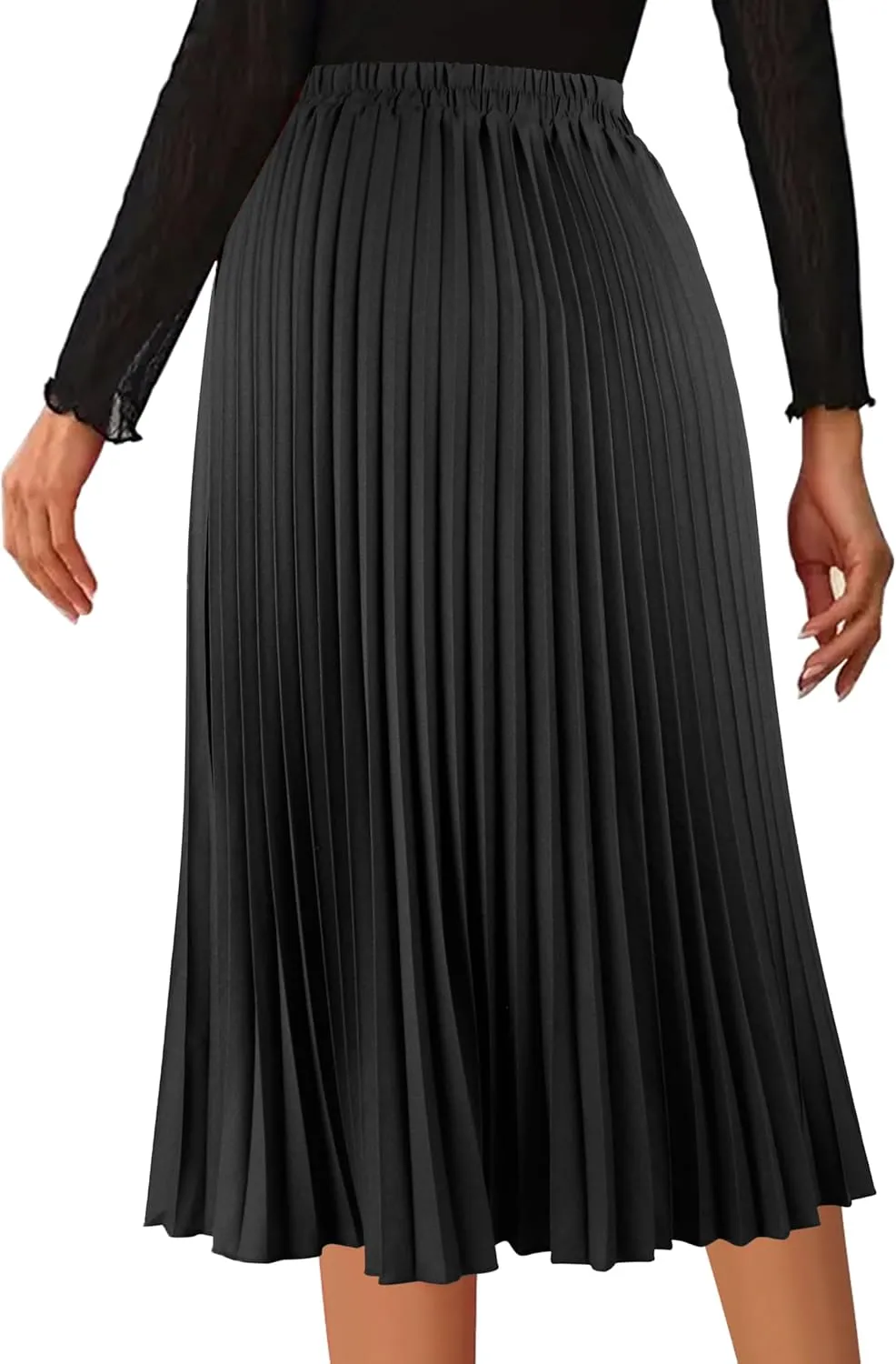 Women's Pleated Skirts High Elastic Waist A-Line Swing Skirt Midi Length
