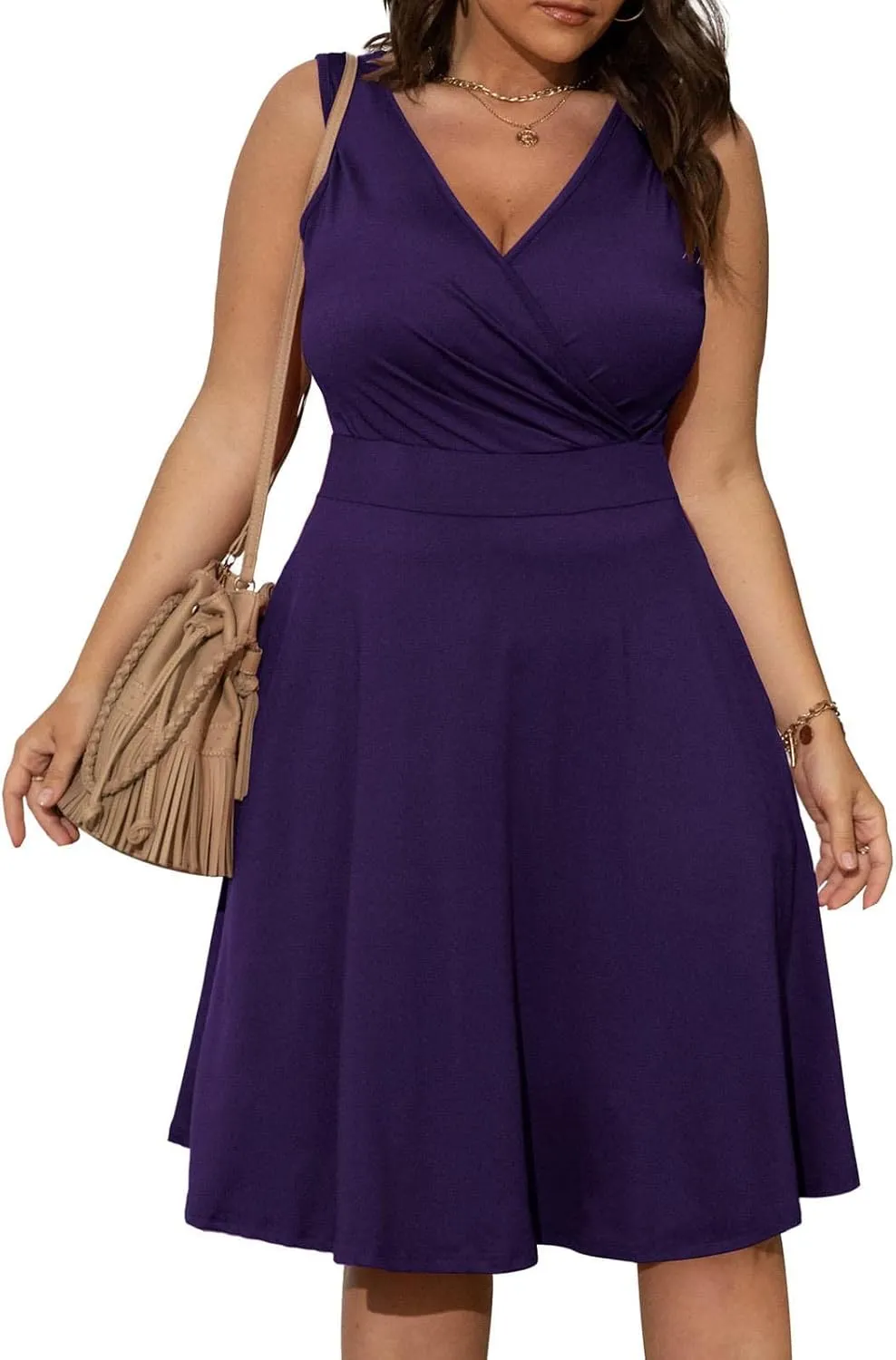 Womens Plus Size Casual Summer Dresses Sleeveless V Neck Midi Dress A Line Sundress Vacation Outfits with Pockets