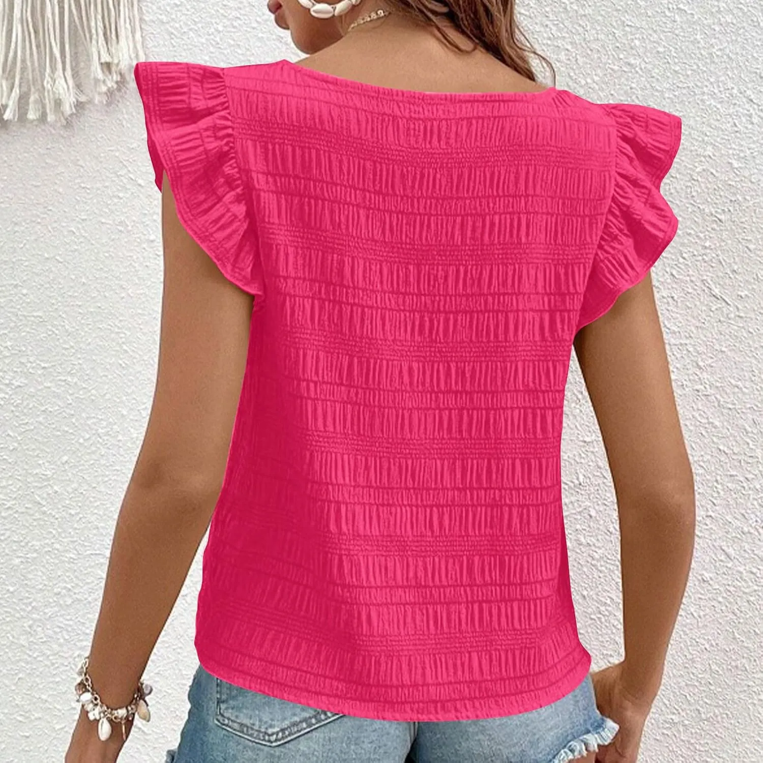 Womens Ruffle Cap Sleeve Tops Petite Crop Square Neck Blouses Dressy Casual Summer Daily T Shirts Going Out Tunic