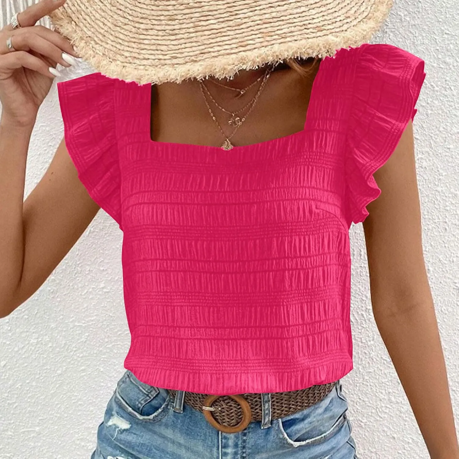 Womens Ruffle Cap Sleeve Tops Petite Crop Square Neck Blouses Dressy Casual Summer Daily T Shirts Going Out Tunic