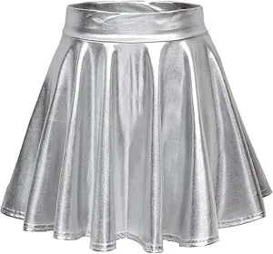 Womens Shiny Flared Pleated Short Mini Skater Skirt High Waisted A-Line Dance Skirt for Nightclub Costumes Clubwear
