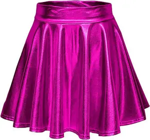 Womens Shiny Flared Pleated Short Mini Skater Skirt High Waisted A-Line Dance Skirt for Nightclub Costumes Clubwear