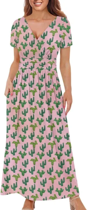 Women's Short Sleeve Maxi Dresse V-Neck Plus Size Casual Dresses with Pockets