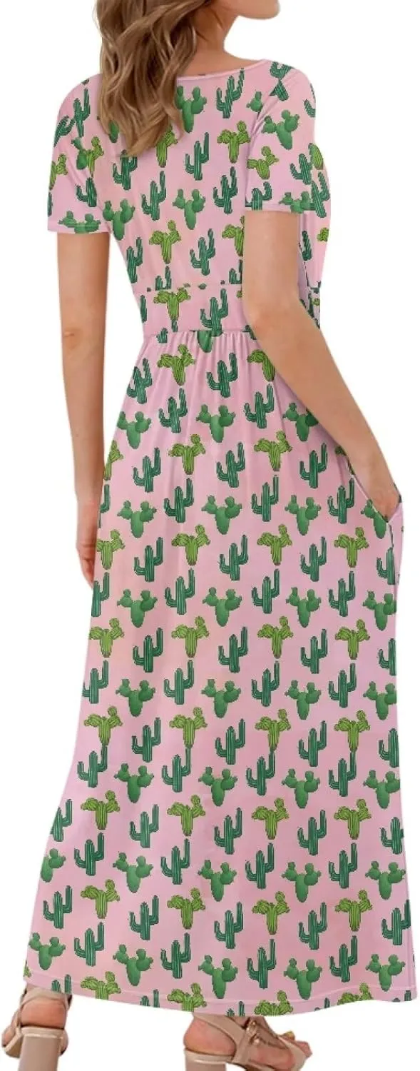 Women's Short Sleeve Maxi Dresse V-Neck Plus Size Casual Dresses with Pockets