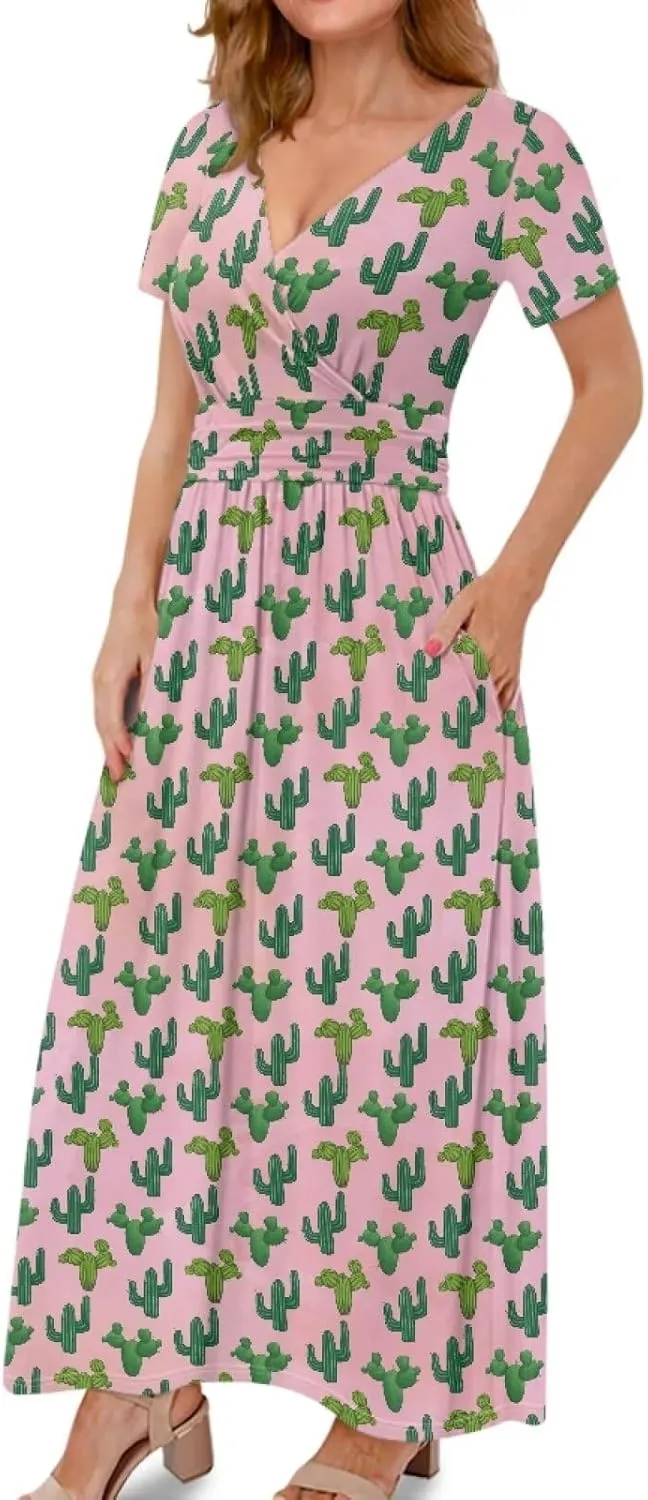 Women's Short Sleeve Maxi Dresse V-Neck Plus Size Casual Dresses with Pockets