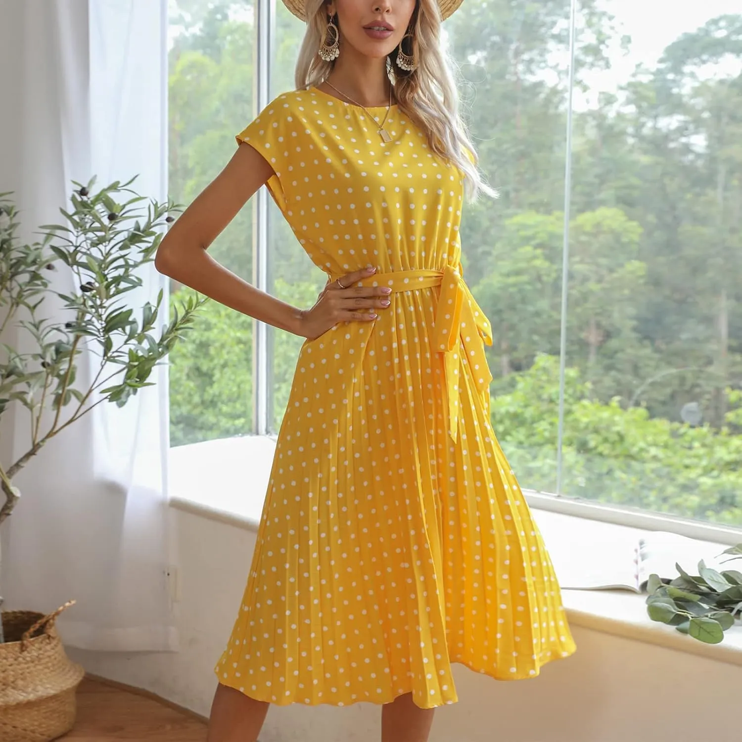 Womens Short Sleeve Midi Dresses Spring Casual Crew Neck Belted Pleated A Line Flowy Wedding Guest Party Dress