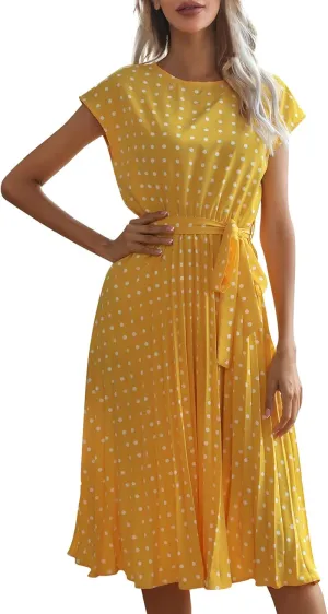 Womens Short Sleeve Midi Dresses Spring Casual Crew Neck Belted Pleated A Line Flowy Wedding Guest Party Dress