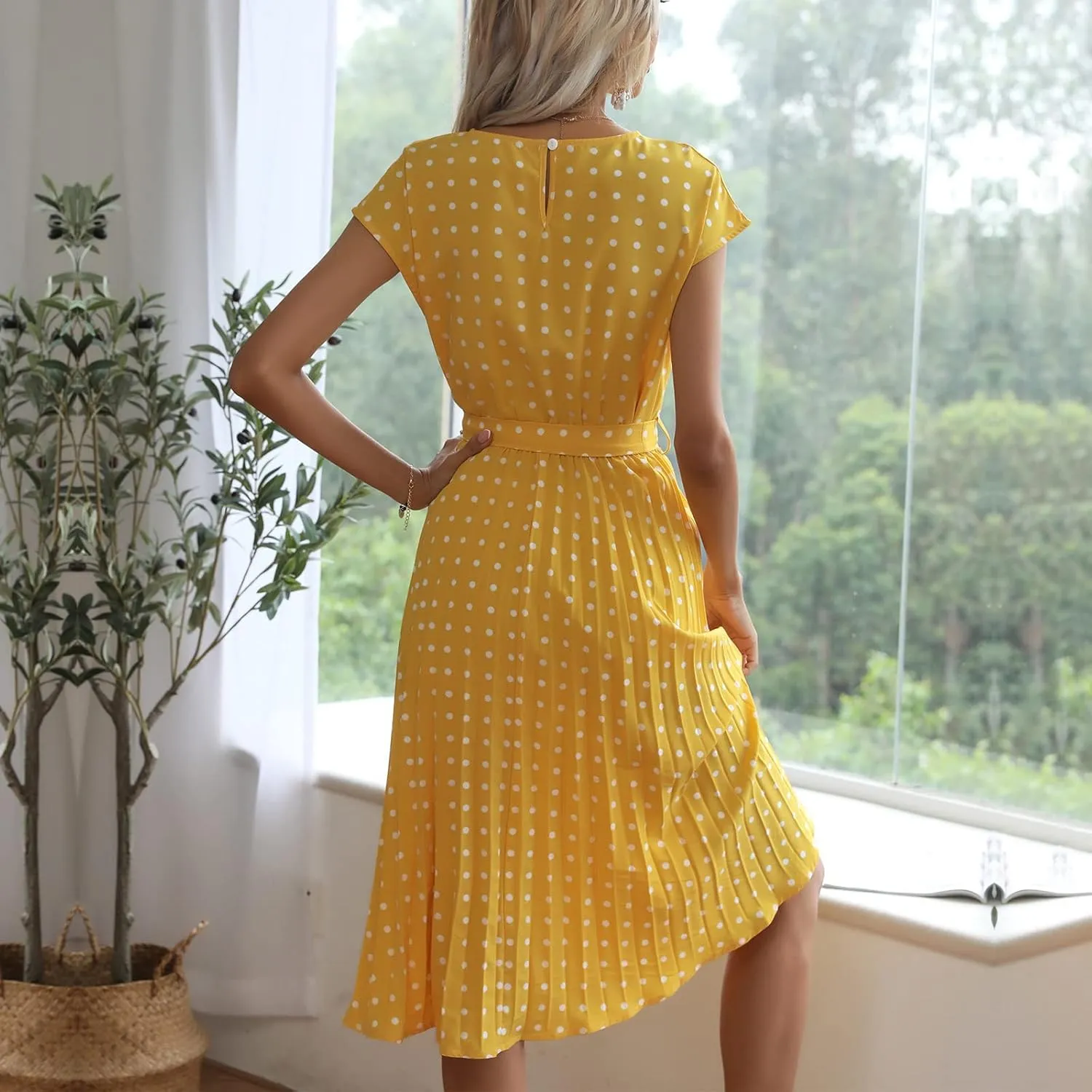 Womens Short Sleeve Midi Dresses Spring Casual Crew Neck Belted Pleated A Line Flowy Wedding Guest Party Dress
